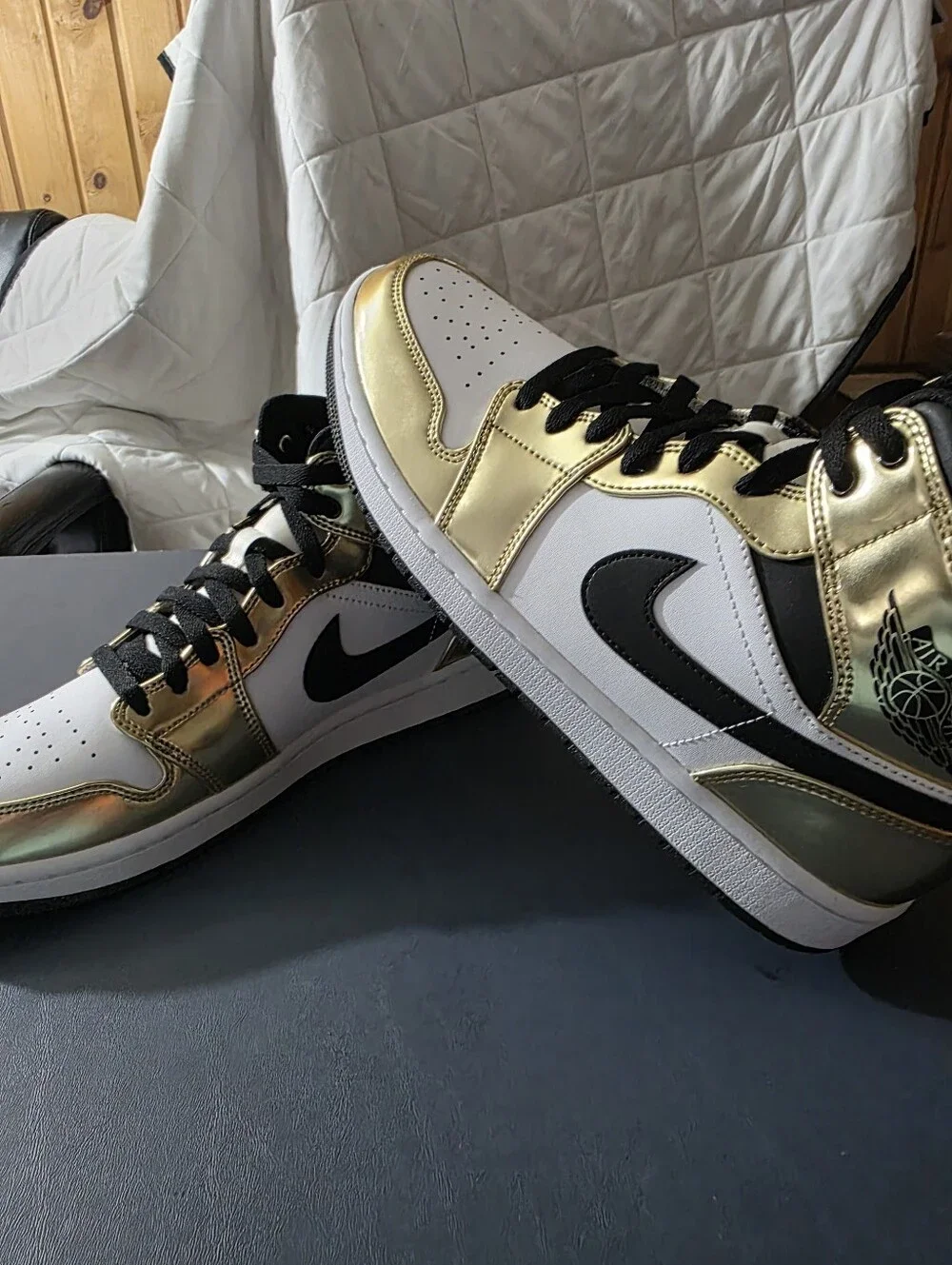 Jordan High-Top Sneakers in White and Metallic Gold